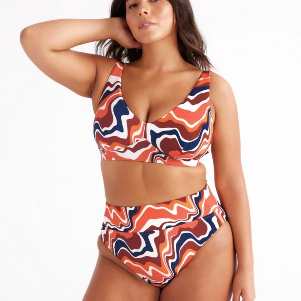 (New) Knix Deep V Bikini Top In Heat Wave/Orange/White/Blue Size Small